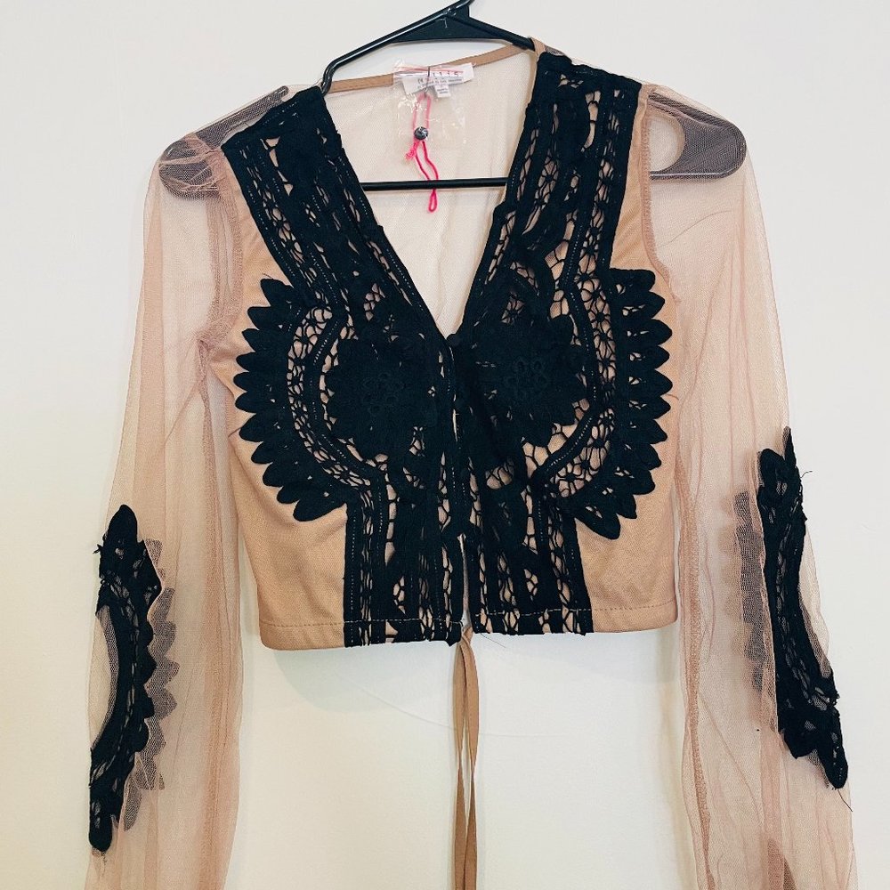 SEXY NET/LACE CROP TOP-BLACK AND BEIGE